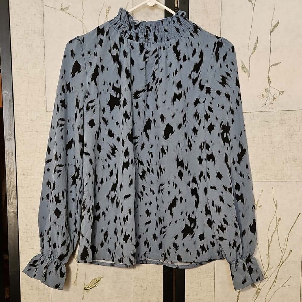 SHEIN Blue and Black Blouse with Long Cuffed Sleeves and Ruffled Style